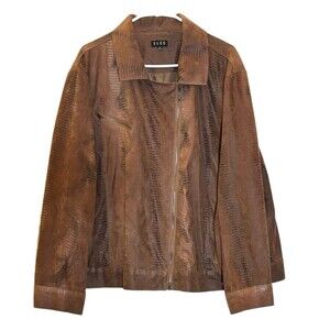 ELCC Women 3X Brown Faux Suede Snakeskin Embossed ZipFront Biker Moto Jacket Y2K